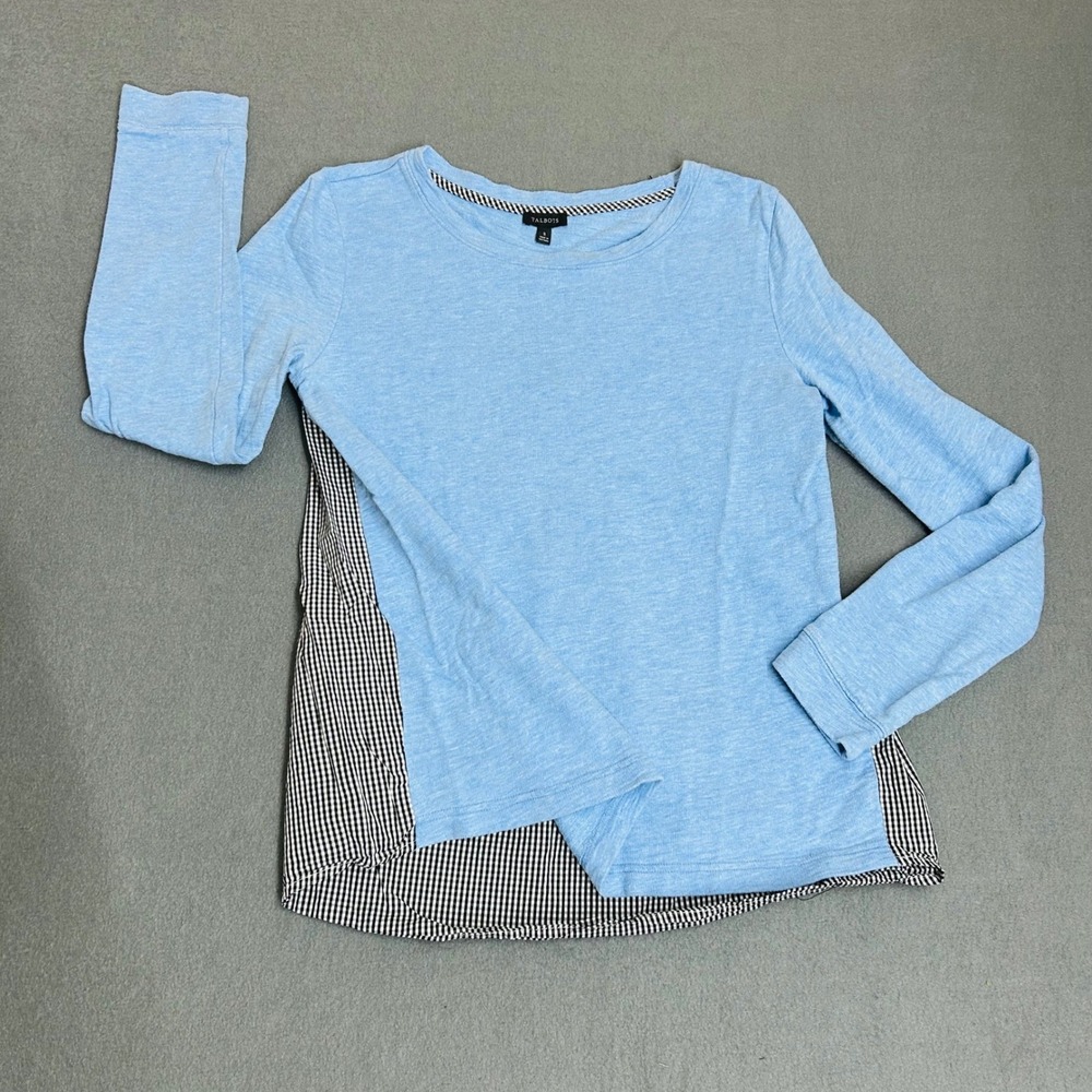 Talbots Top Womens S Blue Gingham Back Mixed Media Long Sleeve Crewneck Pullover